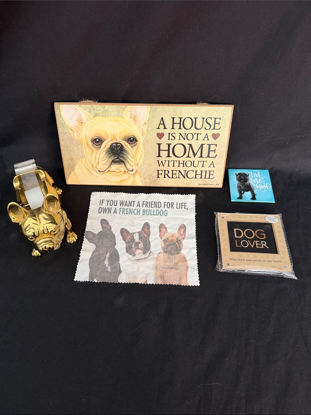 French Bulldog Decor Sign, Magnets, and Tape Dispenser.